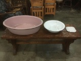 Collection of antique enamelware incl. large wash tub, bowl and square plate