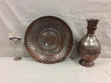Hand hammered vintage Egyptian vase and metal plate/bowl