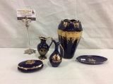 Set of 5 vintage French 22-24k gold painted cobalt limoges porcelain pieces incl. Vase, ewer, etc