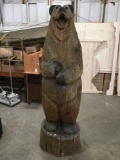 Hand carved/chainsaw carved tall standing bear wood figure w/ expressive happy face
