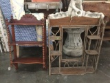 2 vintage shelf displays - rustic weather metal & wood + antique style w/barley twist columns