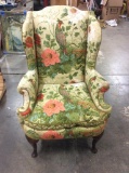 Custom made down filled Peacock pattern vintage wing back chair in good cond circa 1950's