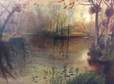 Antique late 1800's swamp / forest landscape painting in frame