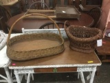 Two vintage/antique wooden and wicker baskets