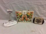 3 vintage purses/wallets incl. colorful flower scene purse (as is) & La Marquise Collins wallet