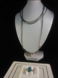 2 heavy sterling silver necklaces and a sterling ring w/ turquoise