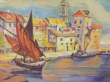 Vintage brightly colored ship/port scene oil painting signed Antonio