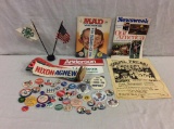 Collection of vintage political ephemera incl. tons of buttons and bumper stickers see pics