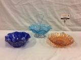 Set of 3 vintage and carnival glass ruffled edge bowls incl. marigold carnival glass