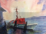 signed original fishing boat landscape watercolor in frame