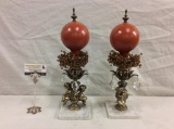 Set of 2 brass and marble cherub base mantle displays with ornate features & crystal accents