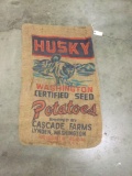 Vintage burlap Husky Feed Washington potatoes sack from Cascade Farms in Lynden, WA.