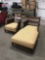 Set of modern Sutherland lounge chair and arm chair with mahogany stain and cream colored cushions