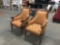 Pair of modern mahogany 40's style armchairs with tufted light orange fabric & studded detail