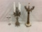 Set of two antique cast brass candleholders one with stone base - both in good cond