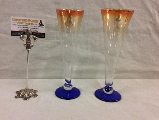 Set of two hand made orange ombre and blue base art glasses - signed by the artist