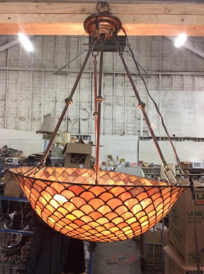 Wonderful leaded slag glass "fish scale" domed chandelier in good cond