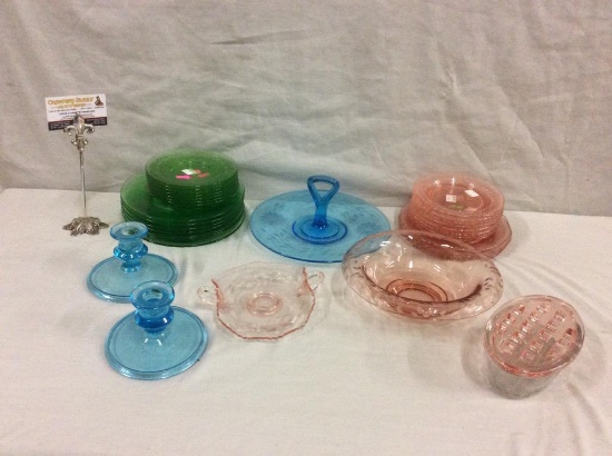 32 piece collection of depression glass incl green plate set and blue tray & candle holder set