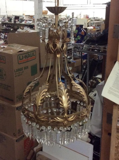 Vintage brass ornate Victorian inspired chandelier with crystal embellishments