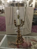 Gorgeous cast brass cherub base candelabra table lamp w/ Victorian imagery & crystal embellishment