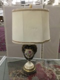 Vintage 1940's cast brass and porcelain lamp with cobalt and gold flower scene motif