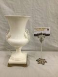 Vintage porcelain swan handled chalice lamp with brass footed base