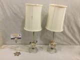 Pair of 40's Davfin crystal base lamp with metal flower detail and hand tailored shades