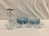 Selection of mid century dimpled glass plates and cups in tinted blue - 20 pc. total