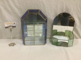 Slag/colored glass mirrored wall hanging curio and mirrored shelf display