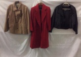 3 Womens coats/jackets - Tannery West leather jacket, J Crew Camel coat & Donnybrook red overcoat