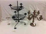 Vintage brass candelabra and 2 tier candle-holder/ fruit stand in black iron