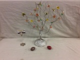 Silver tone metal jewelry tree/decor with enameled flower and 2 colorful eggs