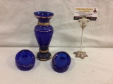 Gorgeous hand painted cobalt and gold vase and picture frame set - circa 50-60's