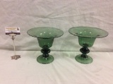 Pair of handblown Italian green glass pedestal bowls