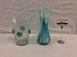 Set of two art glass handblown vases - studded green clear vase and mid century blue vase