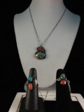 3 piece set of Native American sterling, turquoise, and coral necklace & rings