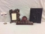 Vintage Syroco wood horse themed hanger w/ art deco inspired frame and cast plaque of a farmer