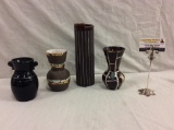 4 mid century black &brown art vases incl. incredible line detail see pics - some signed