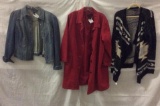 3 women's items: stylish Bcbg maxazira size medium sweater, red denim coat size large ++