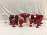 Beautiful large red carnival glass dish, 7 1969's red glasses + 6 more red glasses 14 items total