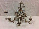 Lovely brass chandelier with figural leaf detail and porcelain flower embellishments