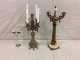 Set of two antique cast brass candleholders one with stone base - both in good cond