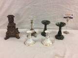 Selection of vintage candle holders & porcelain gold trimmed set + an antique rustic candlestick ++