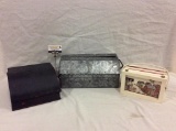 Vintage aluminum toolbox, vintage wood letterbox & vintage Fisherman's Wharf wood purse with mirror