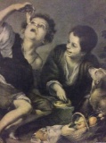 Vintage print on board of charcoal drawing depicting children eating