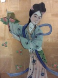 Vintage Japanese woman silk painting in frame