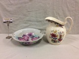 Porcelain limoges wash basin bowl and floral 50's pitcher