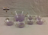 Wonderful mid century purple tinted, gold rimmed serving bowl and matching 6 pc bowl set