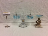 Gorgeous antique glass candelabra w/ blue crystal embellishment & elevated cherub base dish