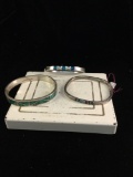 3 enclosed sterling silver and turquoise bracelets, all hinged w/ clasps